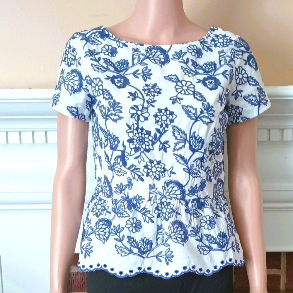 Talbots Blue and White Floral Eyelet Peplum Top